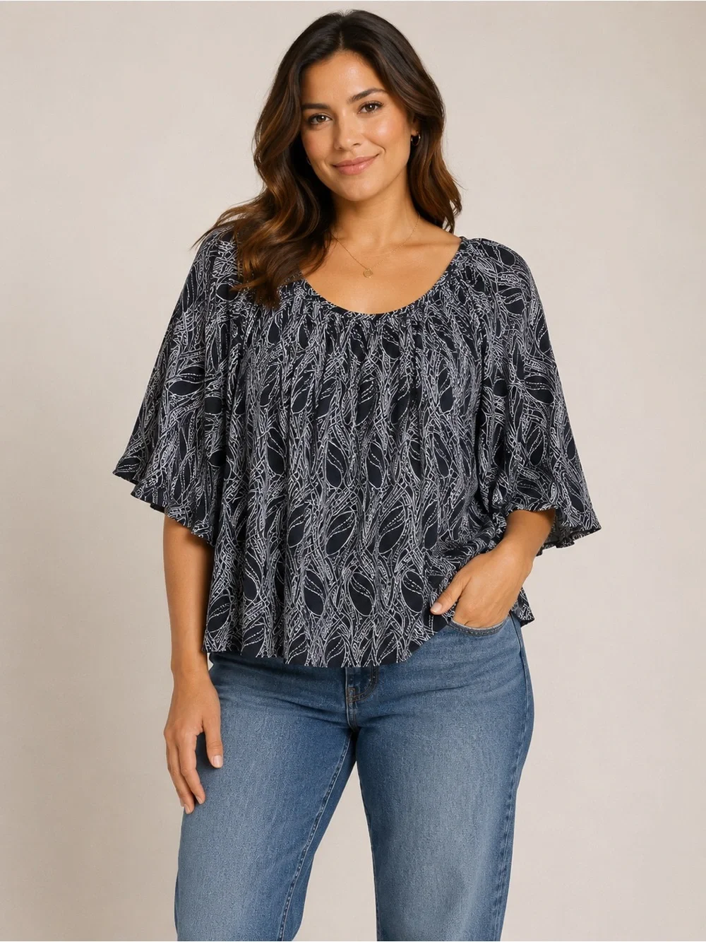Michael Kors Navy White Flowy Peasant Blouse Elastic Neck Boho Size 2X